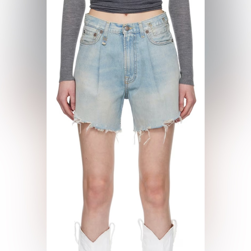 R13 Damin Pleated Shorts Lennon Blue Cut Off Frayed High Waist Sz 27